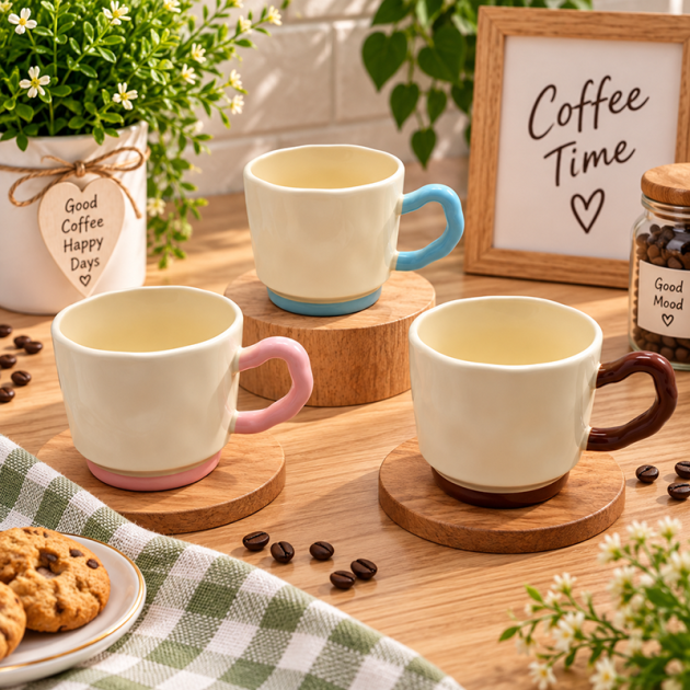 Mug en Céramique Crème avec Anse Marron – Design Élégant