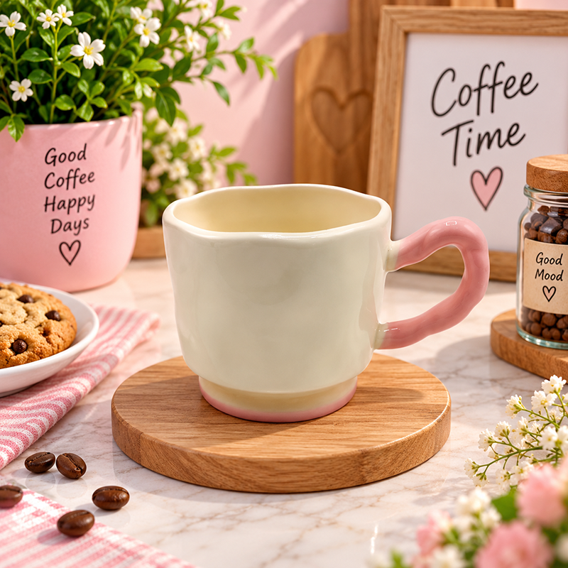 Mug en Céramique Crème avec Anse Marron – Design Élégant – Image 2