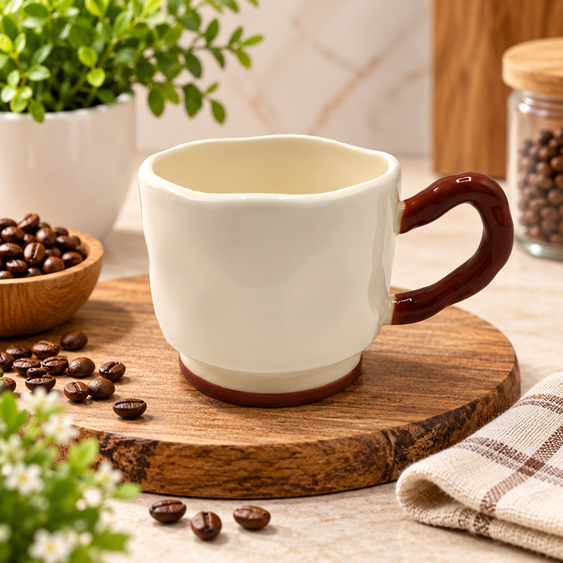 Mug en Céramique Crème avec Anse Marron – Design Élégant – Image 3