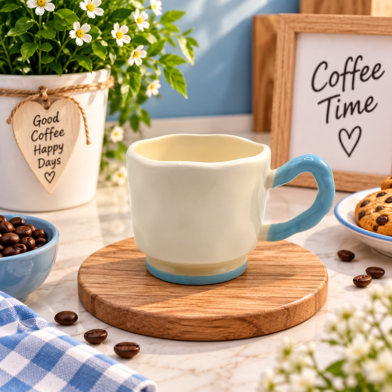 Mug en Céramique Crème avec Anse Marron – Design Élégant – Image 4