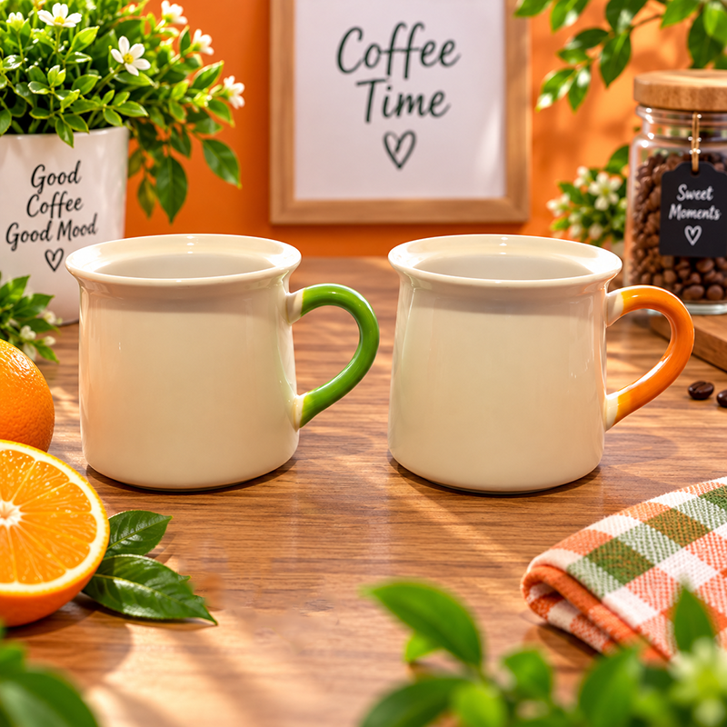 Mug en Céramique Blanc avec Anse Verte-orange – Design Élégant