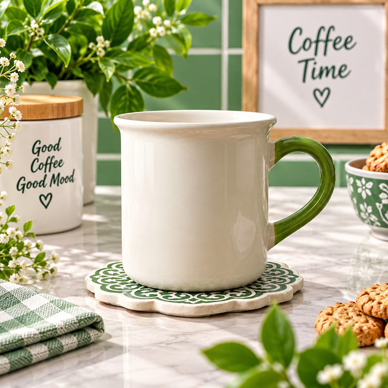 Mug en Céramique Blanc avec Anse Verte-orange – Design Élégant – Image 2