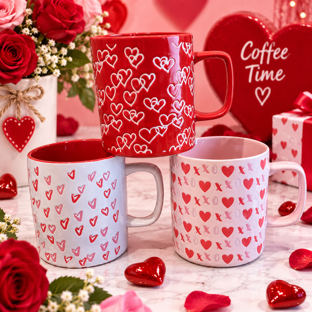Mug en Céramique Rouge avec Motifs Cœurs Blancs – Design Romantique 532 ML