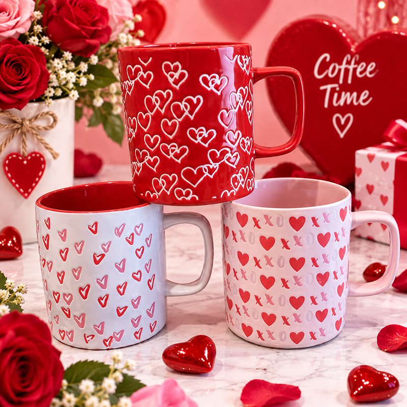 Mug en Céramique Rouge avec Motifs Cœurs Blancs – Design Romantique 532 ML