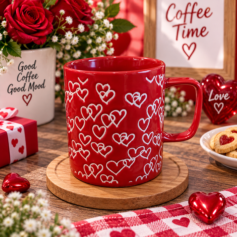 Mug en Céramique Rouge avec Motifs Cœurs Blancs – Design Romantique 532 ML – Image 4