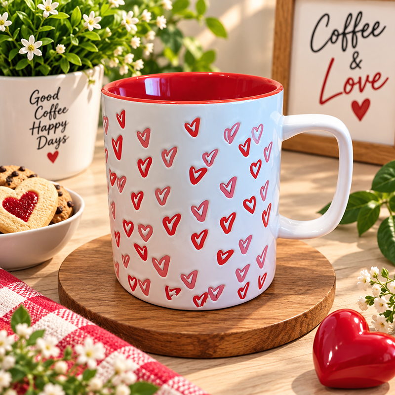 Mug en Céramique Rouge avec Motifs Cœurs Blancs – Design Romantique 532 ML – Image 3