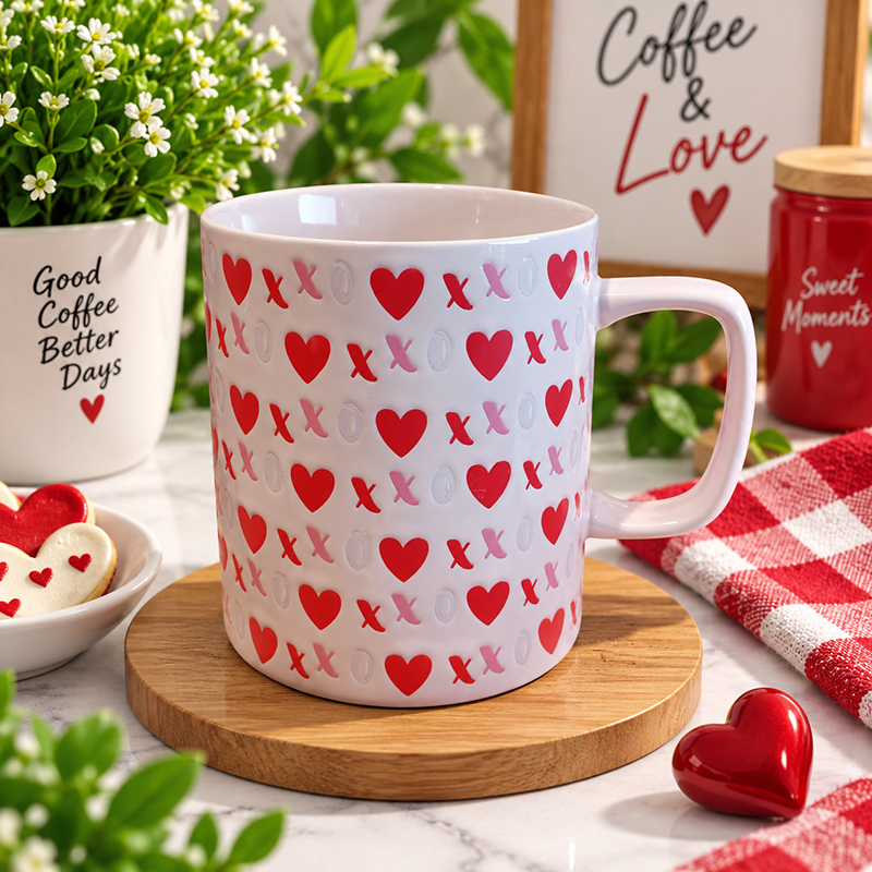 Mug en Céramique Rouge avec Motifs Cœurs Blancs – Design Romantique 532 ML – Image 2