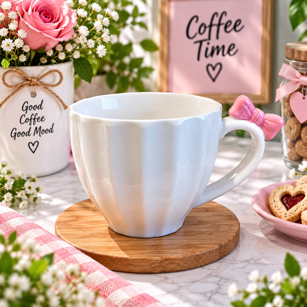 Mug en Céramique Blanc avec Anse en Nœud Rose – Design Élégant