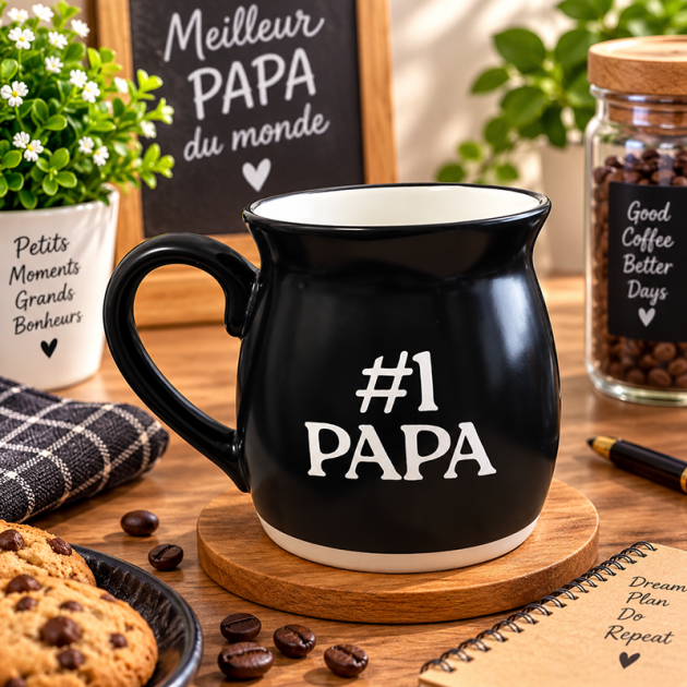 Un grand Mug en Céramique Noir « #1 PAPA » – Idée Cadeau Originale