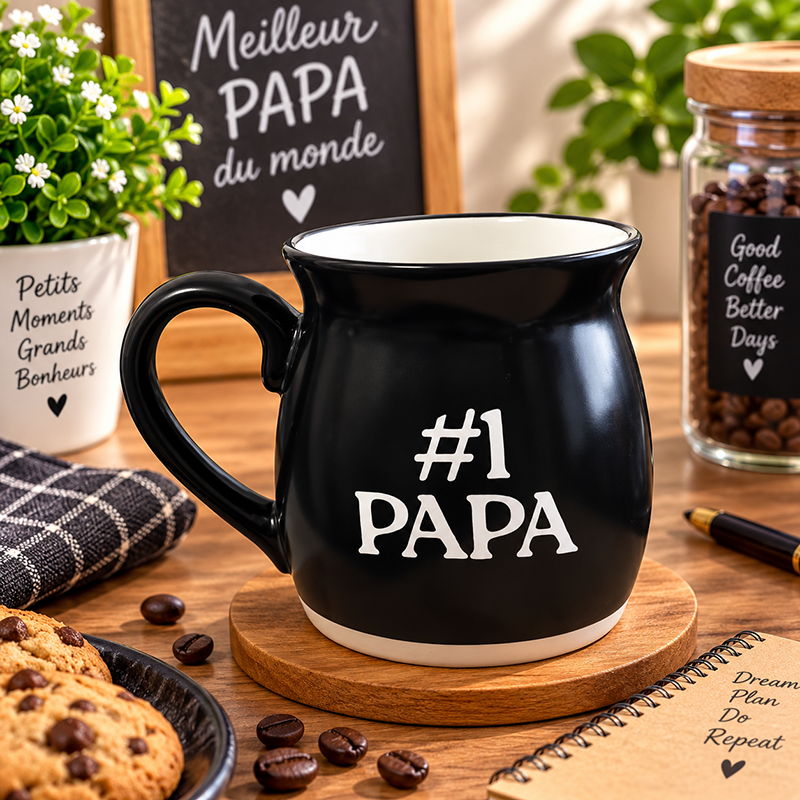 Un grand Mug en Céramique Noir « #1 PAPA » – Idée Cadeau Originale