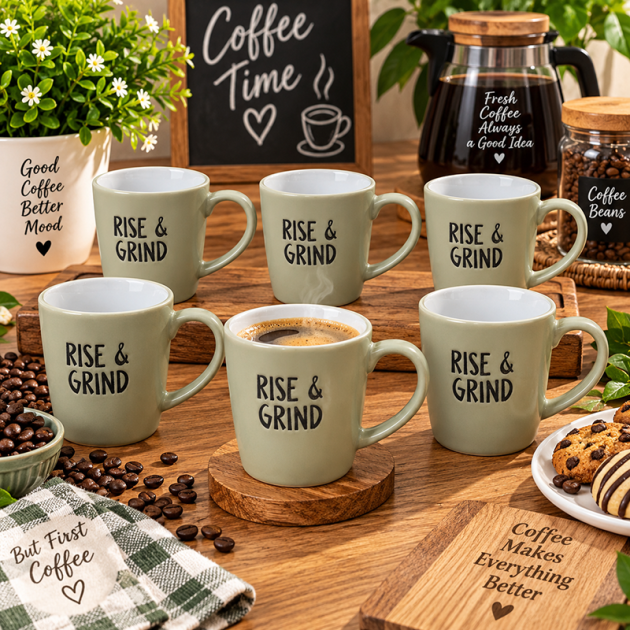 Service de 6 Tasse à Café “RISE & GRIND” en Céramique Vert Sauge – Collection Café