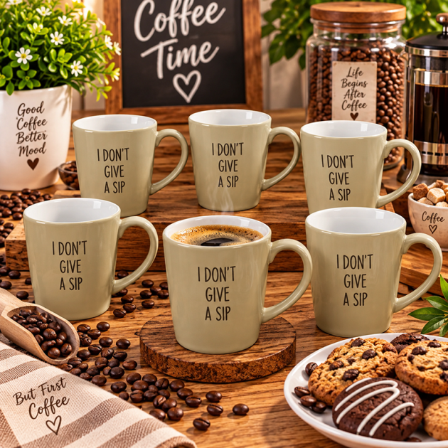 Ensemble de 6 tass à Café en Céramique – Motif « I Don’t Give a Sip »