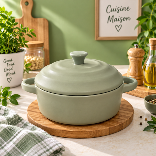 Mini Cocotte en Céramique avec Couvercle et Anses – Vert Sauge pour une personne