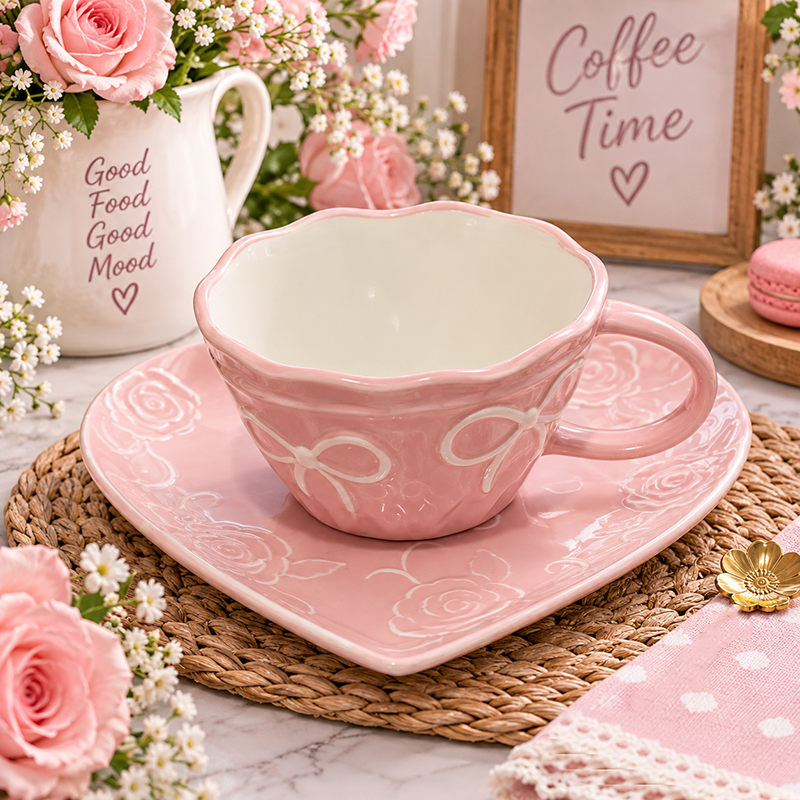 Tasse à Café en Céramique avec Soucoupe – Design Floral Rose