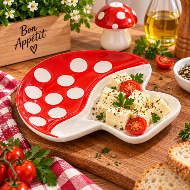 Mini Assiette Apéritive en Céramique en Forme de Champignon – Rouge à Pois Blancs