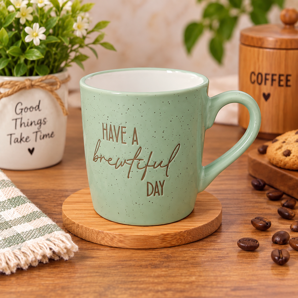 Service de 6 tass en Céramique Vert Sauge – « Have a Brewtiful Day » – Image 2