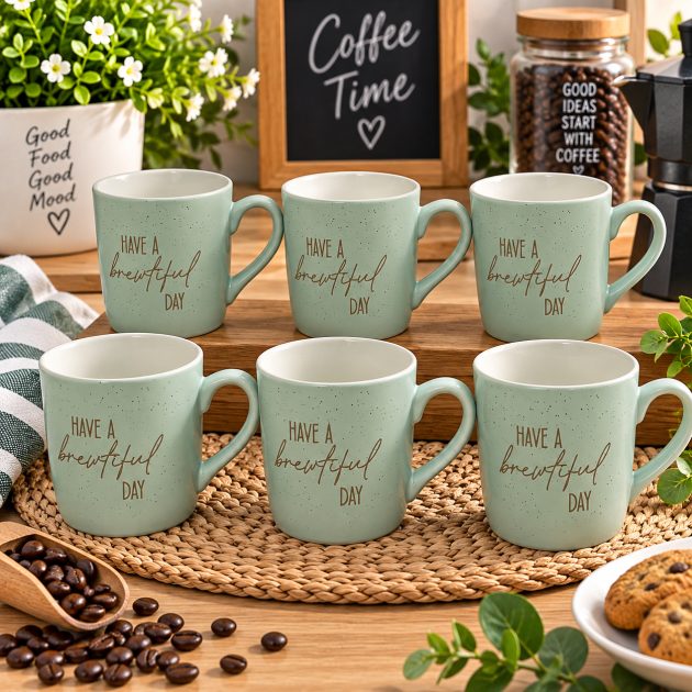 Service de 6 tass en Céramique Vert Sauge – « Have a Brewtiful Day »