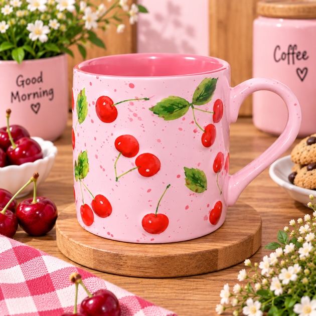Un grand Mug en Céramique Rose Clair avec Motif Cerises