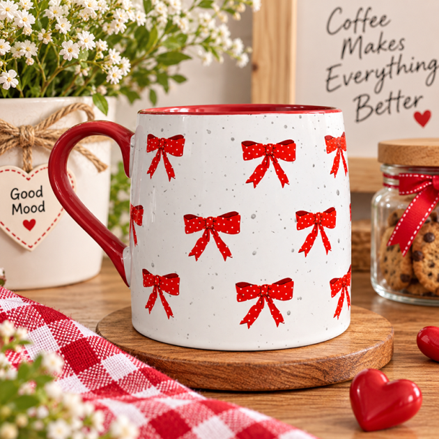 Mug en Céramique Blanc à Nœuds Rouges
