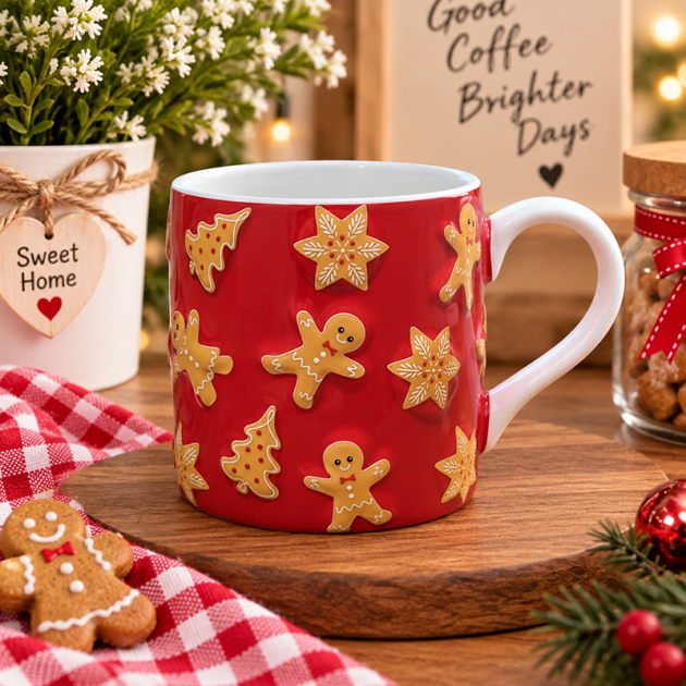 Mug de Noël en Céramique Rouge – Motifs Pain d’Épices 3D