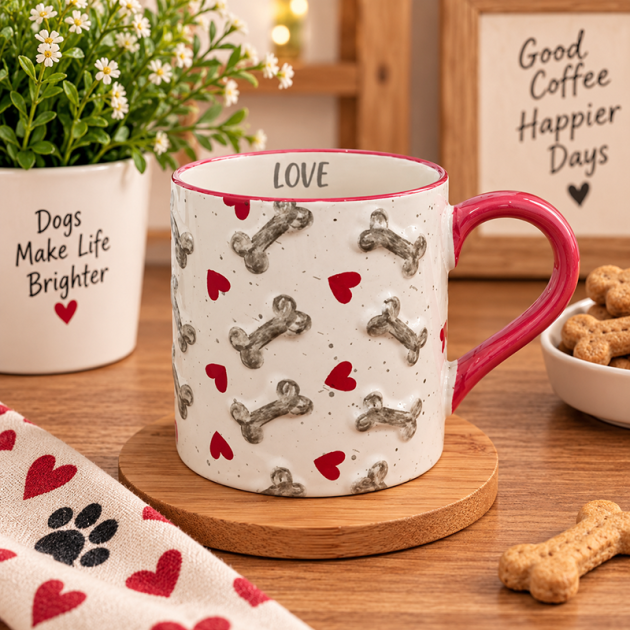 Mug en Céramique « LOVE » – Motifs Os & Cœurs
