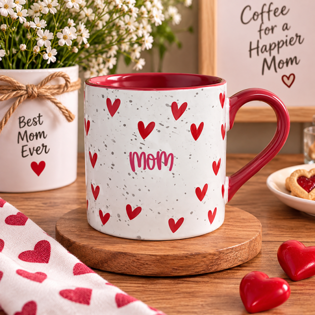 ❤️ Mug « Mom » en Céramique Blanc Moucheté – Cœurs Rouges
