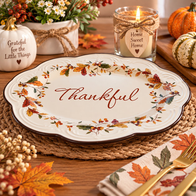 Plateau  « Thankful » en Céramique – Motifs Automnaux