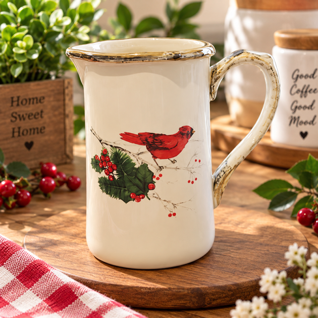 Pichet en Céramique Ivoire Vintage – Motif Houx & Baies Rouges