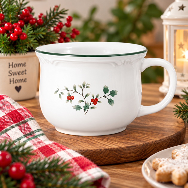 Mug en Céramique Blanche avec Motif Houx & Baies Rouges – Style Élégant