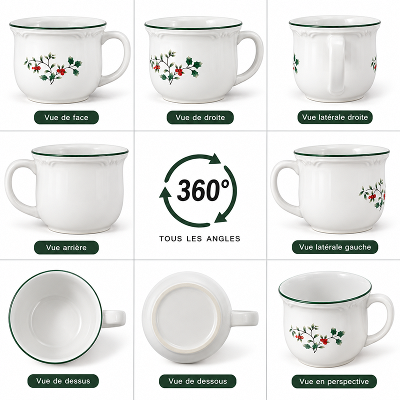 Mug en Céramique Blanche avec Motif Houx & Baies Rouges – Style Élégant – Image 2