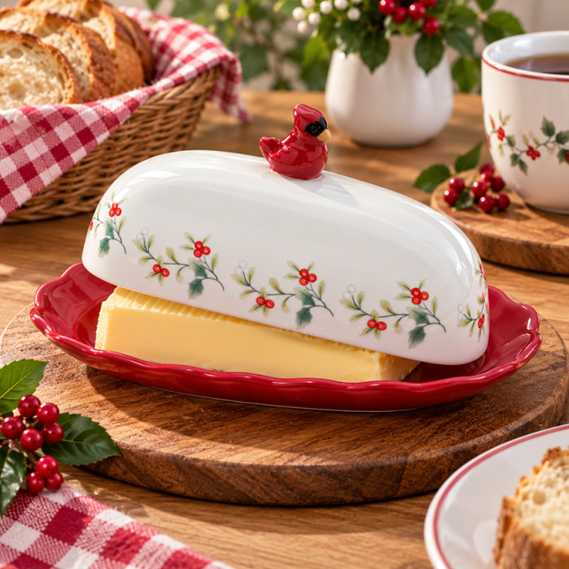 Beurrier en Céramique avec Plateau Rouge – Motif Houx & Oiseau
