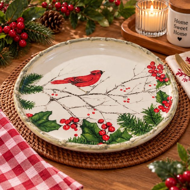 Assiette Décorative de Noël – Cardinal Rouge & Houx 26CM
