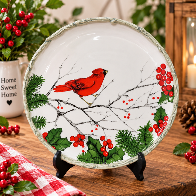 Assiette Décorative de Noël – Cardinal Rouge & Houx 20CM