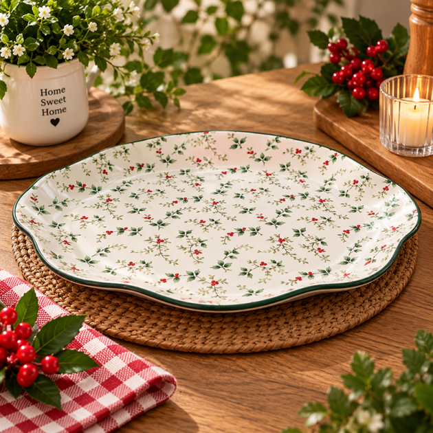 Plat oval en Céramique Blanc – Motif Feuillage & Baies Rouges.26cm/20cm