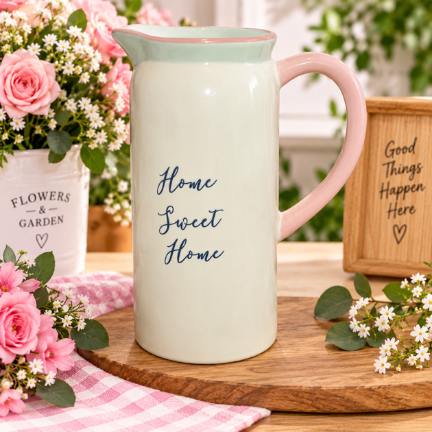 Pichet Décoratif “Home Sweet Home” – Design Élégant avec Anse Rose