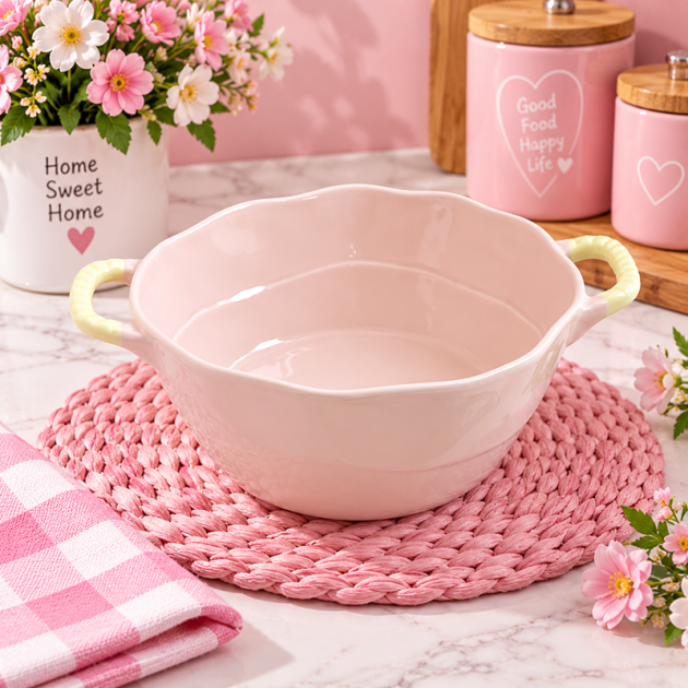 Récipient en Céramique Rose Poudré avec Anses Jaune Pastel – Design Élégant
