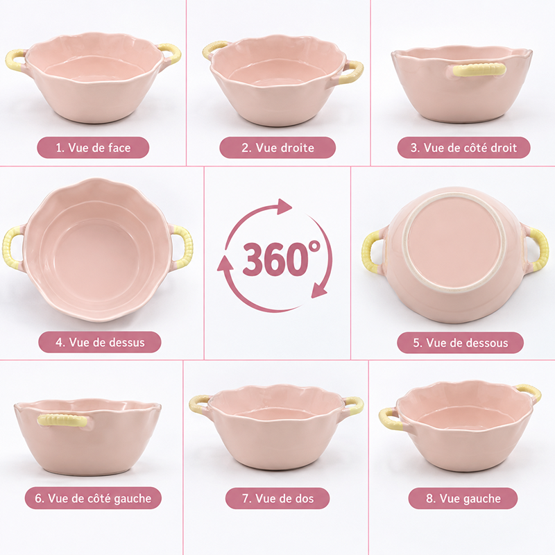 Récipient en Céramique Rose Poudré avec Anses Jaune Pastel – Design Élégant – Image 2