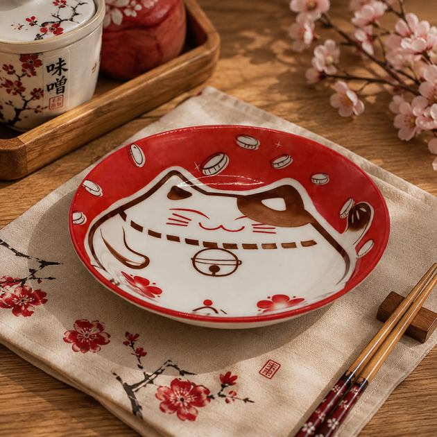 Assiette en Céramique Motif Chat Japonais – rouge