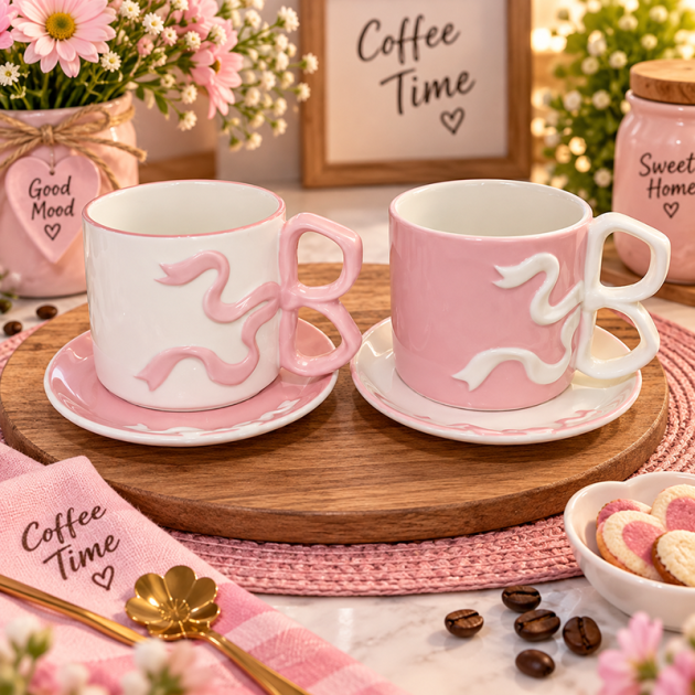 Mug en Céramique Rose Pastel avec Anse Originale et Soucoupe