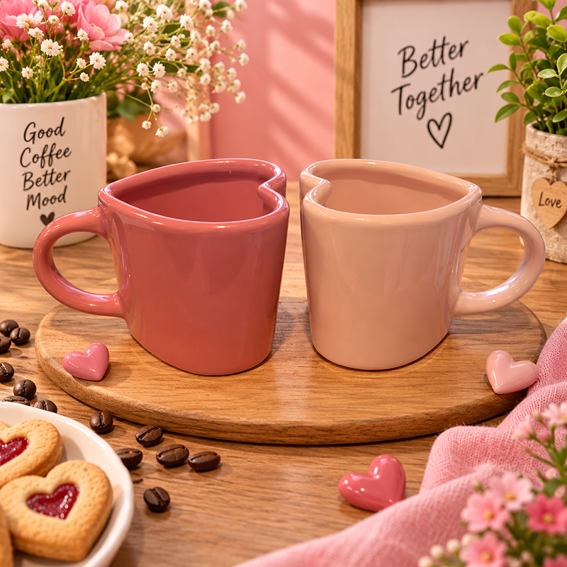 Tasse en Céramique Rose en Forme de Cœur – Design Élégant