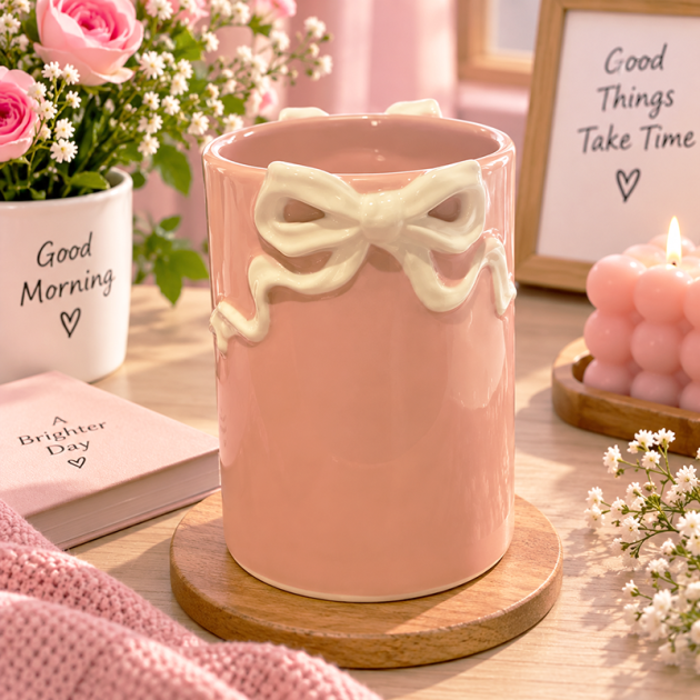 Porte-ustensiles en Céramique Rose Pastel avec Décoration en Relief Blanc