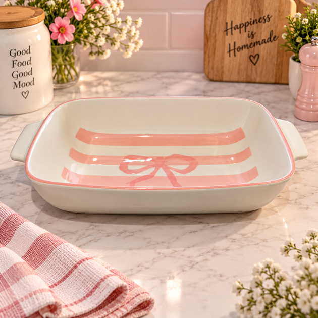 Plat à Four en Céramique avec Anses – Design Rose & Blanc