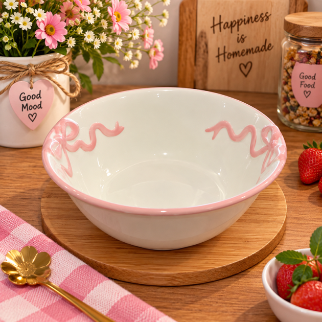 Bol en Céramique Blanc & Rose avec Motifs Délicats