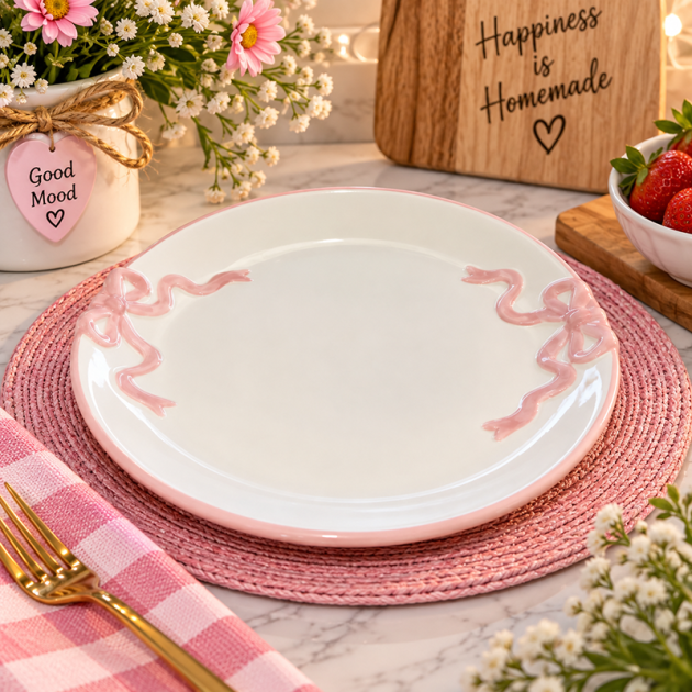 Assiette en Céramique Blanche et Rose avec Motifs Ruban.23CM