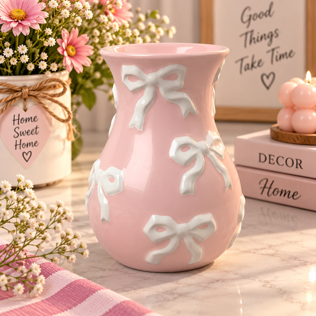 Mini vase Décoratif en Céramique Rose Pastel avec Motifs Nœuds Blancs