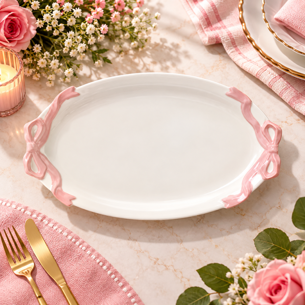 Plat de Service Ovale en Céramique Blanc & Rose avec Anses Ruban
