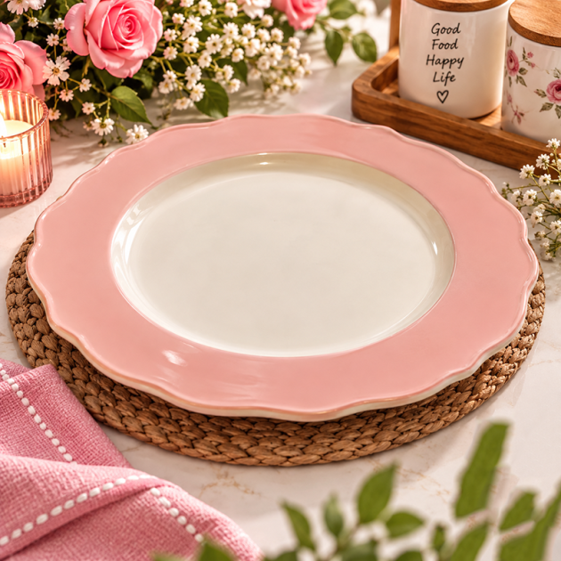 Assiette en Céramique Rose Pastel à Bord Festonné.30cm