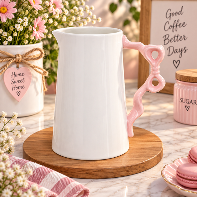 Pichet en Céramique Blanc avec Anse Décorative Rose en Forme de Nœud