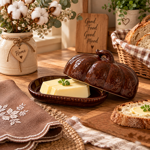 Beurrier en Céramique Marron Effet Citrouille – Élégant & Décoratif