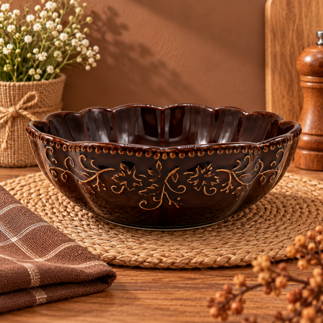 Grand Bol Décoratif Marron Foncé avec Motifs Floraux Dorés
